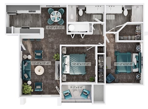Floor plan for 2 beds, 2 baths, 999 sqft